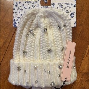 BCBGeneration Ivory Knit Beanie with Embellishments